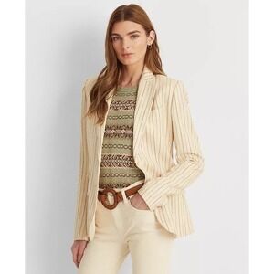 Lauren Ralph Lauren Women's Striped Linen-Blend Beige Pinstripe Blazer Size 12